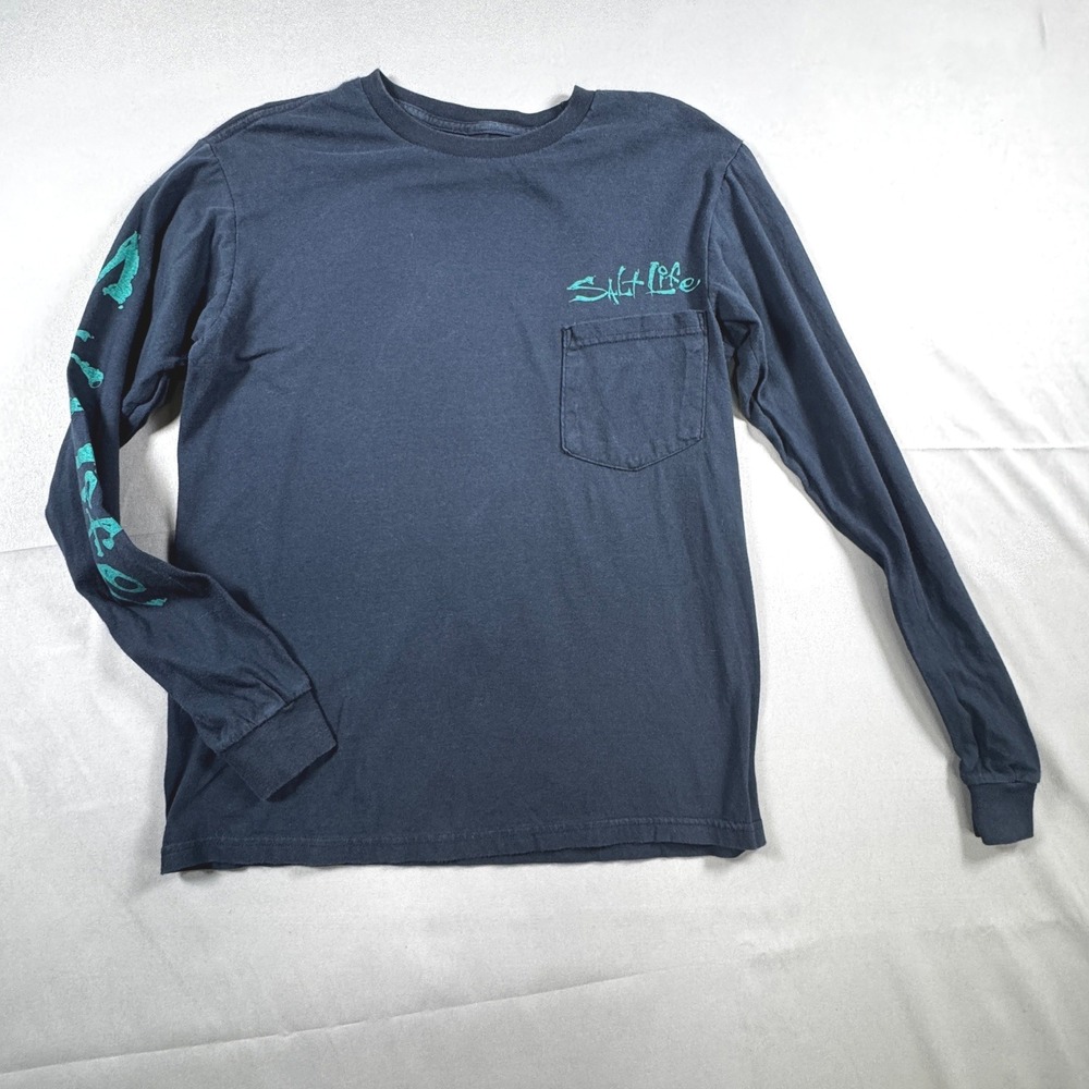 Salt Life Boys Navy Blue Long Sleeve Pocket T-Shirt Sea Creature Skull S